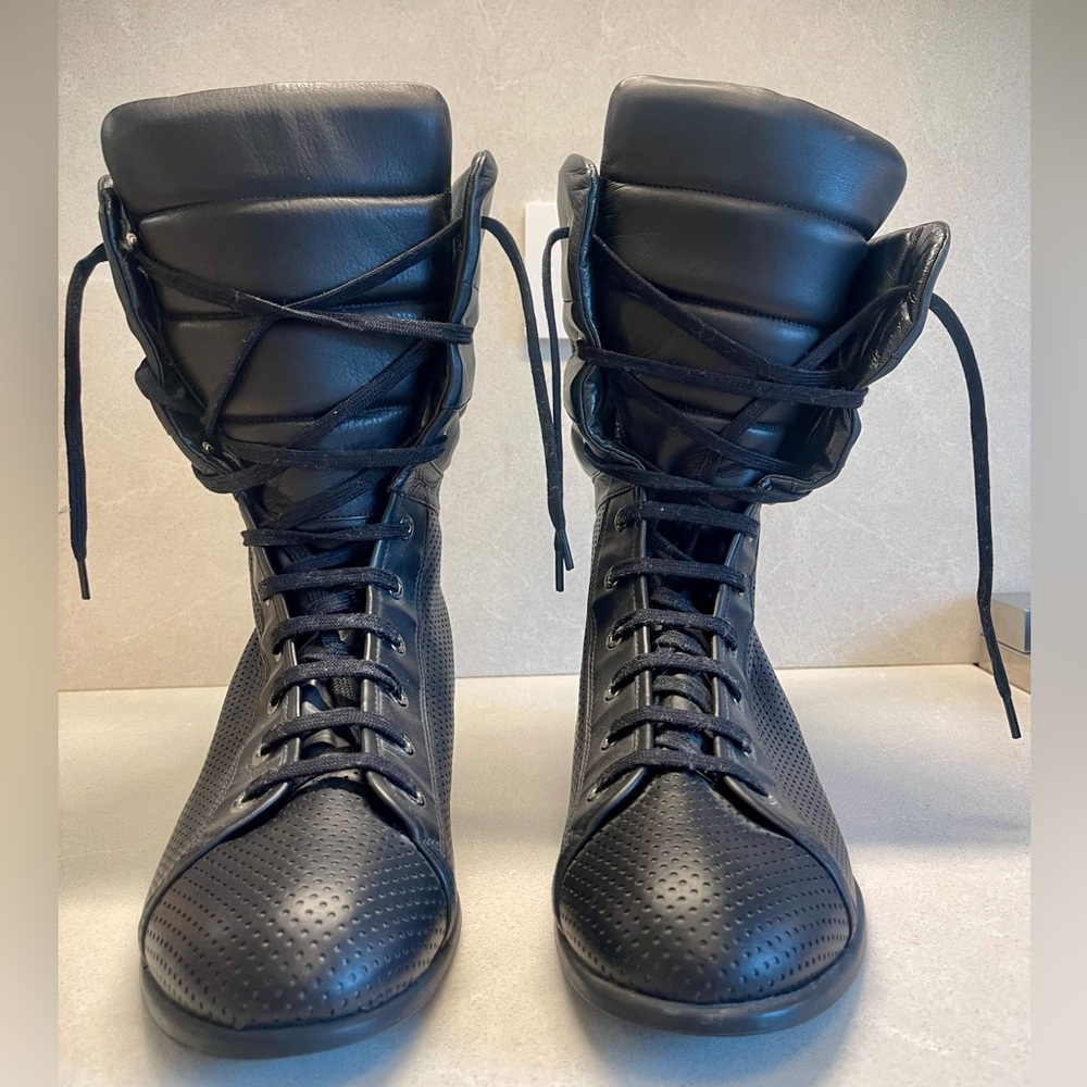 CHANEL Lace Up Black Leather Boots, Size 40.5, Like New